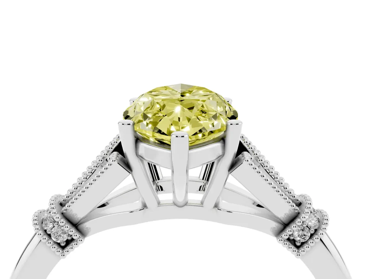 Fancy Yellow Marquise Cut Diamond Solitaire Ring with Floral Filigree and Pave Accents Platinum