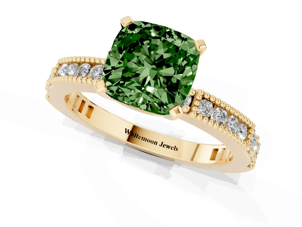 Fancy Green Cushion Cut Solitaire with Pavé Band and Four-Prong Setting Yellow gold