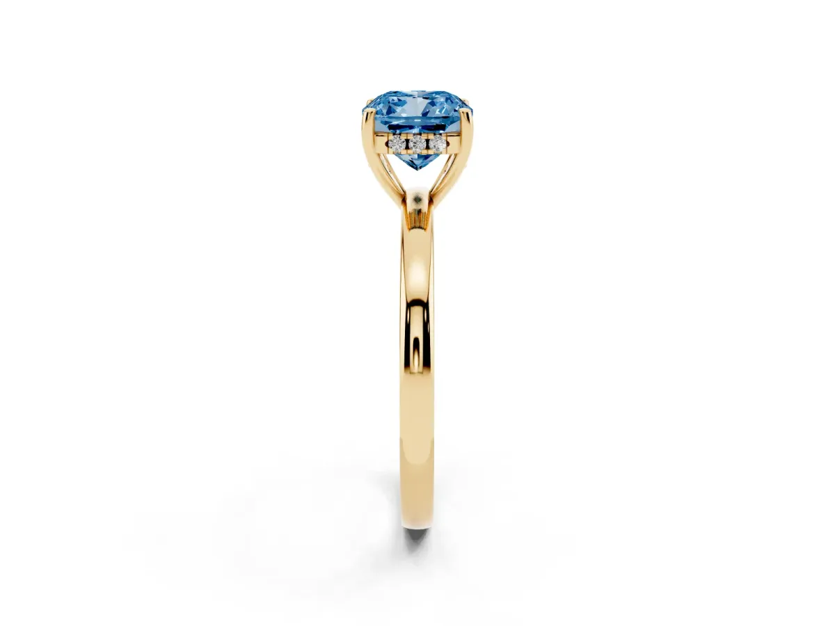 Fancy Blue Cushion Cut Solitaire Diamond Ring with Prong Setting and Plain Band Yellow gold