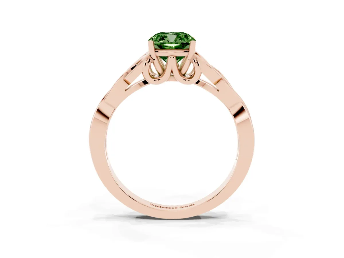 Fancy Green Cushion Cut Diamond Solitaire Engagement Ring with Celtic Knot Band and Four-Prong Setting Rose gold