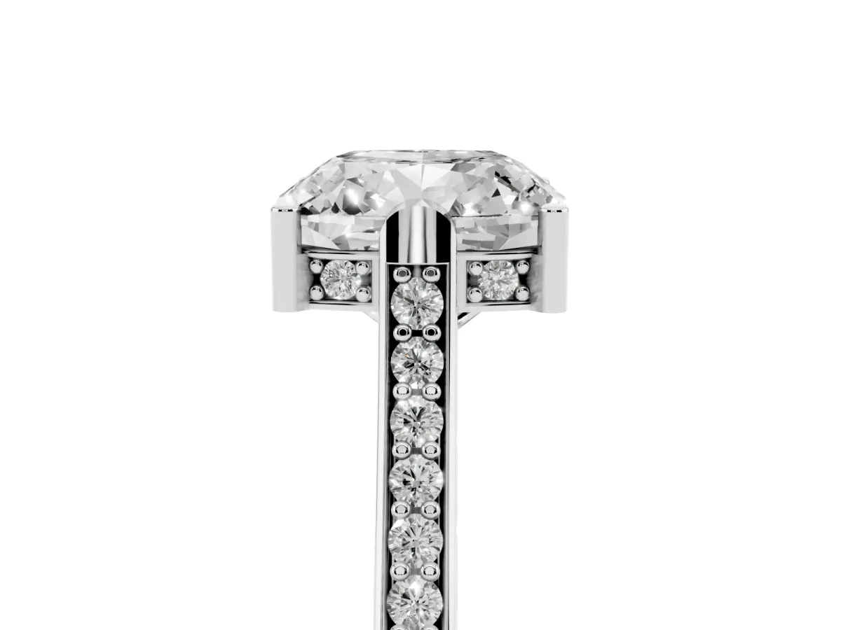 Cushion Cut Solitaire Diamond Ring with Channel Set Band and Bezel Prong Setting Silver