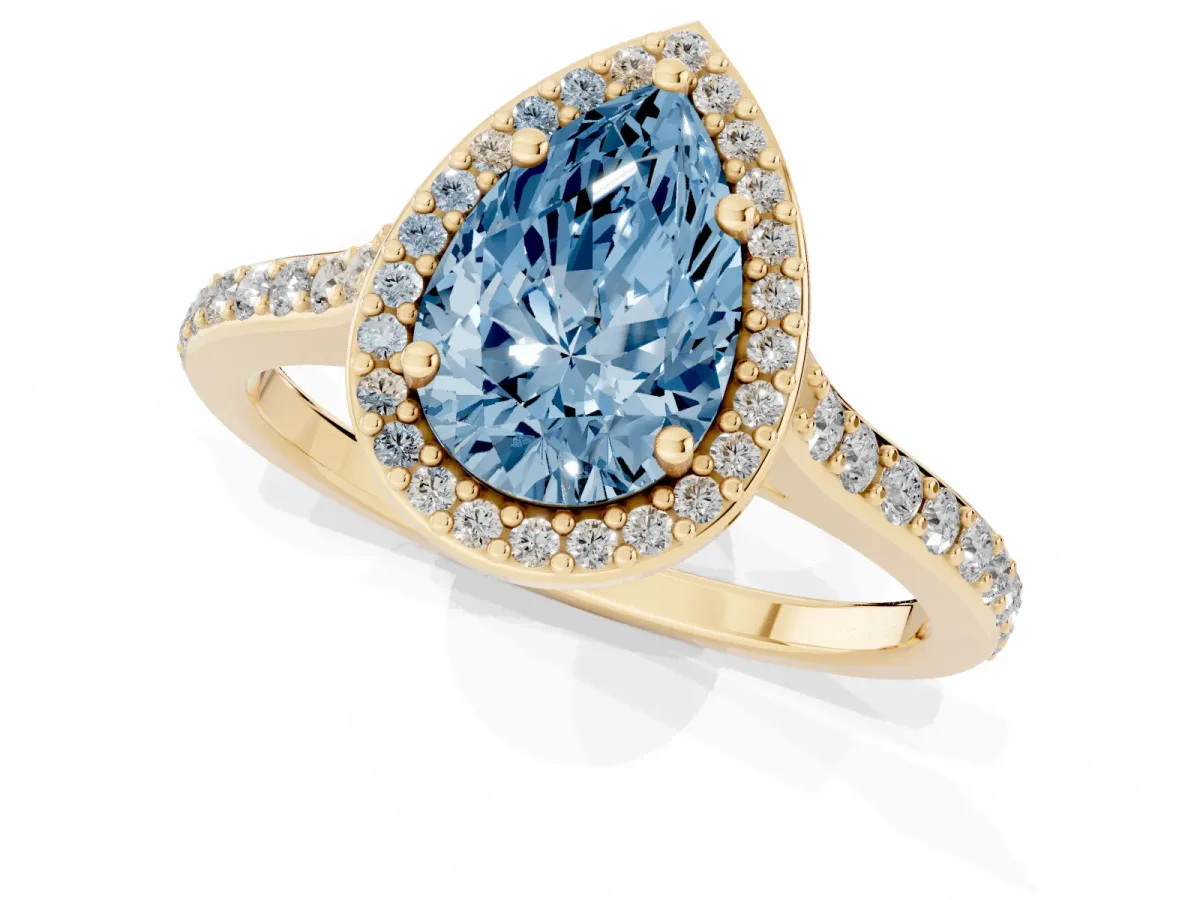 Fancy Blue Pear Cut Diamond Halo Engagement Ring with Round Pavé Shoulders and Prong Setting Yellow gold