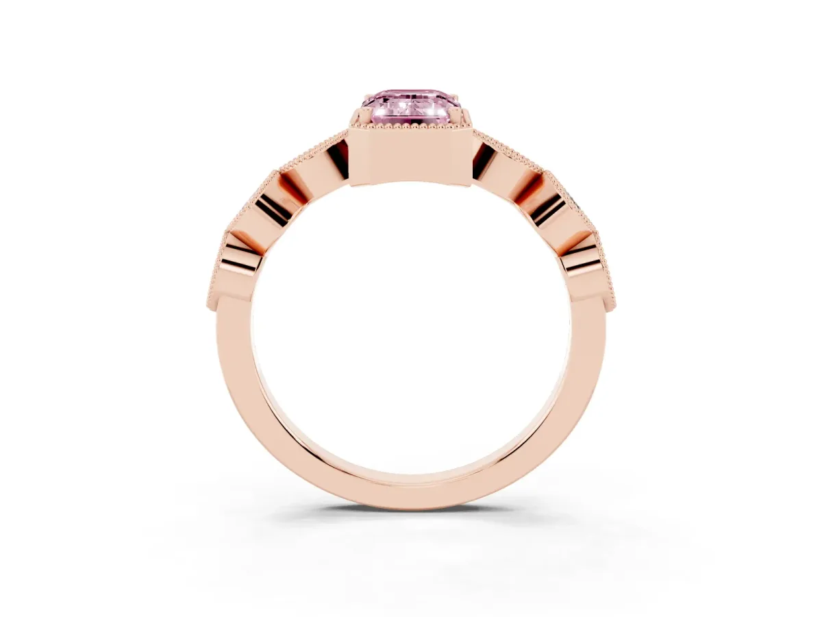 Fancy Pink Emerald Cut Diamond Vintage Milgrain Ring with Round Stations Rose gold