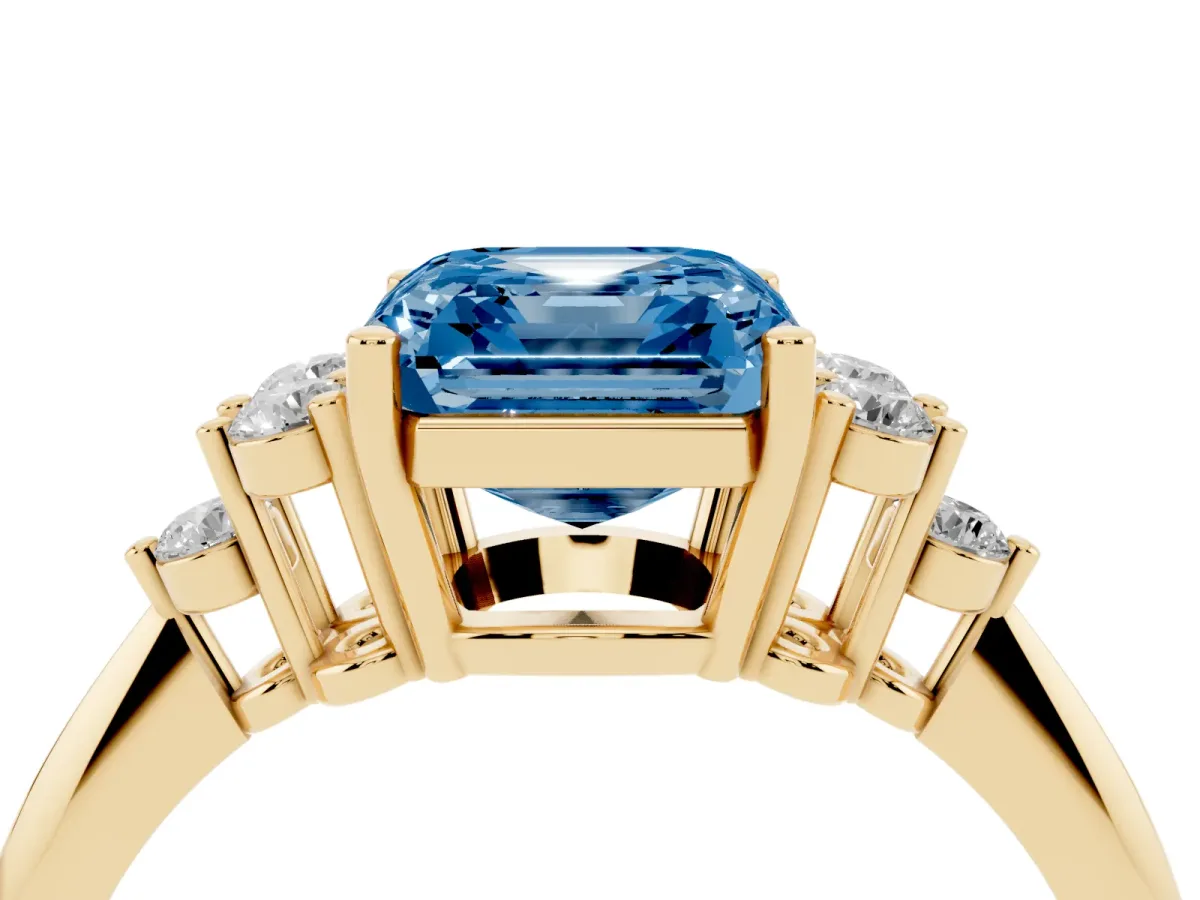 Fancy Blue Asscher Cut Cut Diamond Cluster Ring with Solitaire Band and Four-Prong Setting Yellow gold