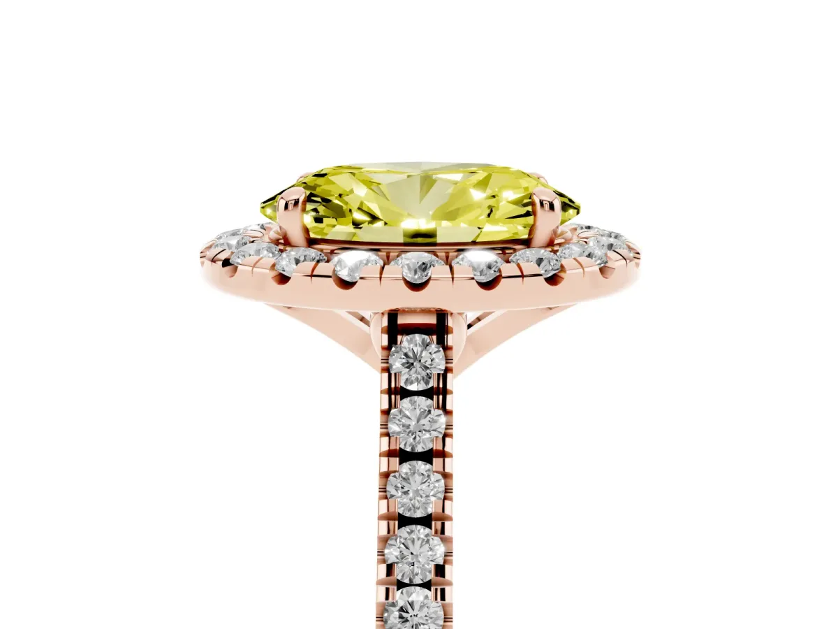 Fancy Yellow Oval Cut Diamond Cushion Halo Ring with Pavé Band Rose gold