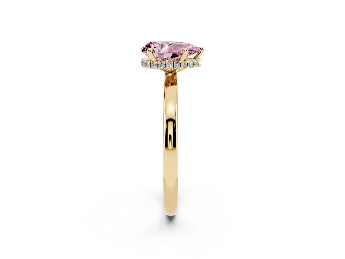 Fancy Pink Pear Cut Solitaire Engagement Ring with Cathedral Band and Four-Prong Setting Yellow gold
