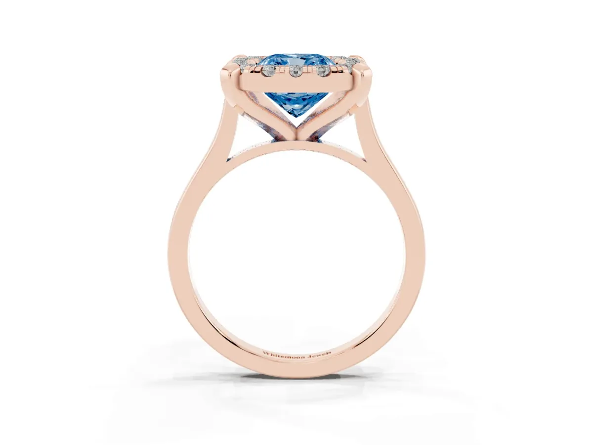 Fancy Blue Cushion Cut Diamond Cluster Halo Solitaire with Four-Prong Setting Rose gold