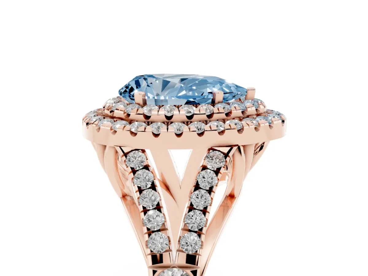 Fancy Blue Pear Cut Diamond Pavé Split Shank Double Halo Engagement Ring Rose gold