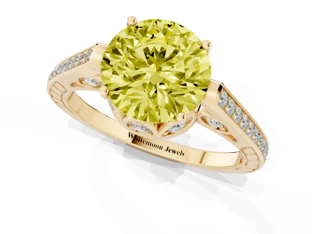 Fancy Yellow Round Cut Cut Cathedral Pave Diamond Engagement Ring with Six-Prong Setting Yellow gold