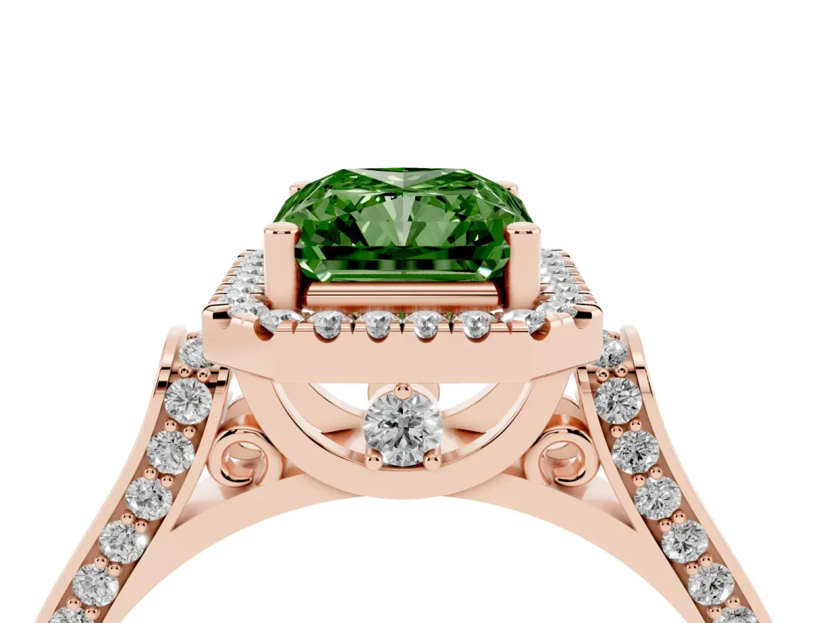 Fancy Green Radiant Cut Halo Pave Split Shank Prong Setting Ring Rose gold