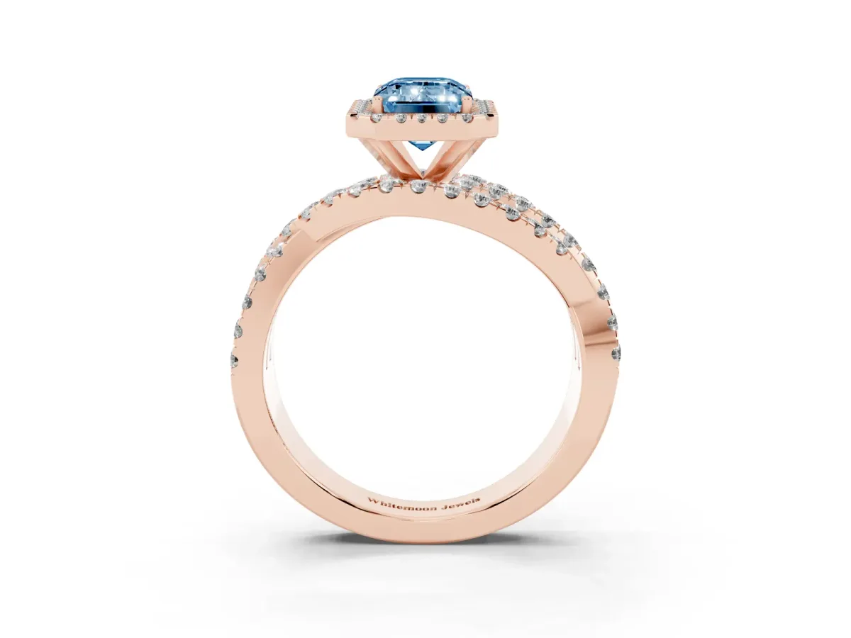 Fancy Blue Emerald Cut Diamond Halo Ring with Round Split Shank and Prong Setting Rose gold