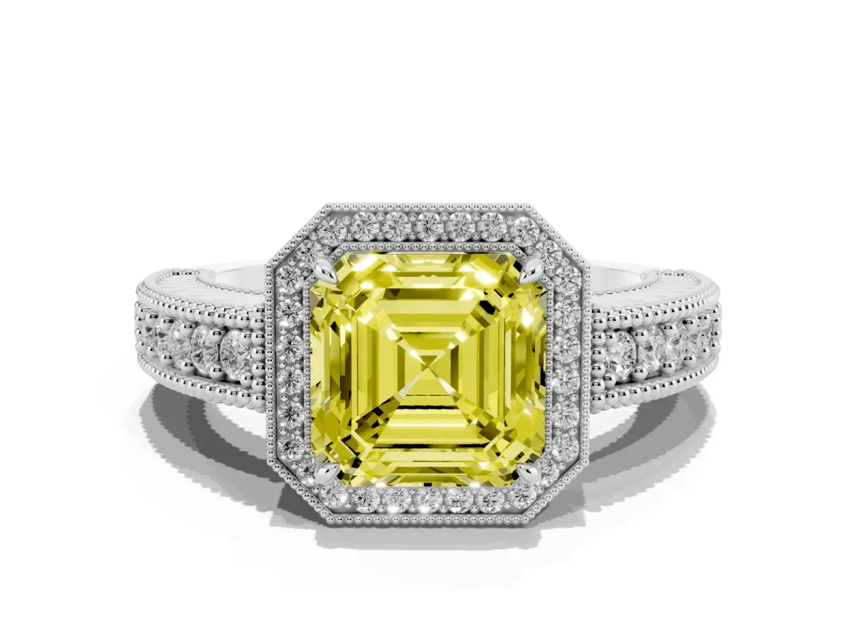 Fancy Yellow Asscher Cut Cut Halo Diamond Ring with Pavé Band and Four-Prong Setting Platinum