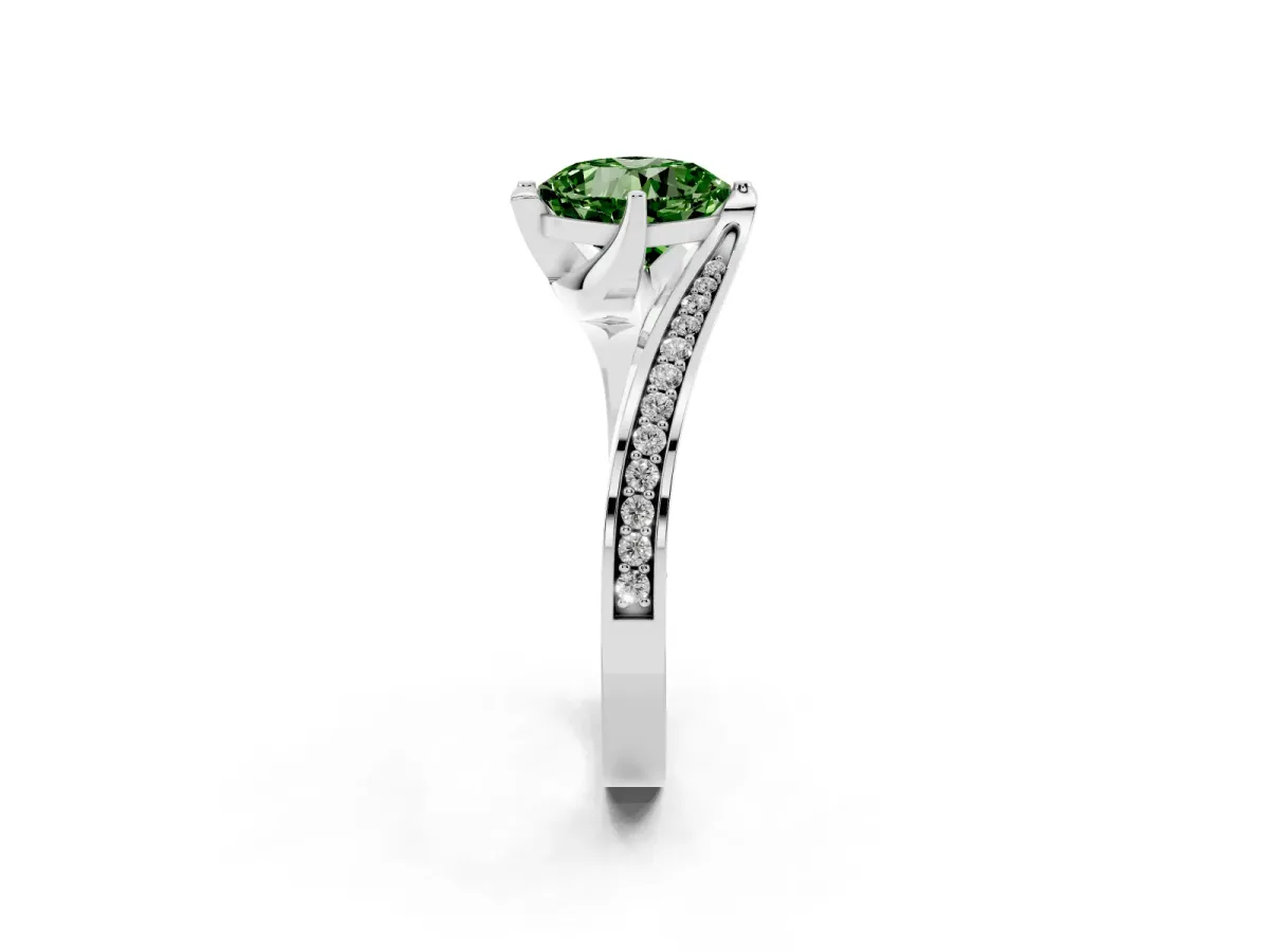 Fancy Green Cushion Cut Solitaire Diamond Twist Band with Pavé Setting and Four-Prong Setting Silver
