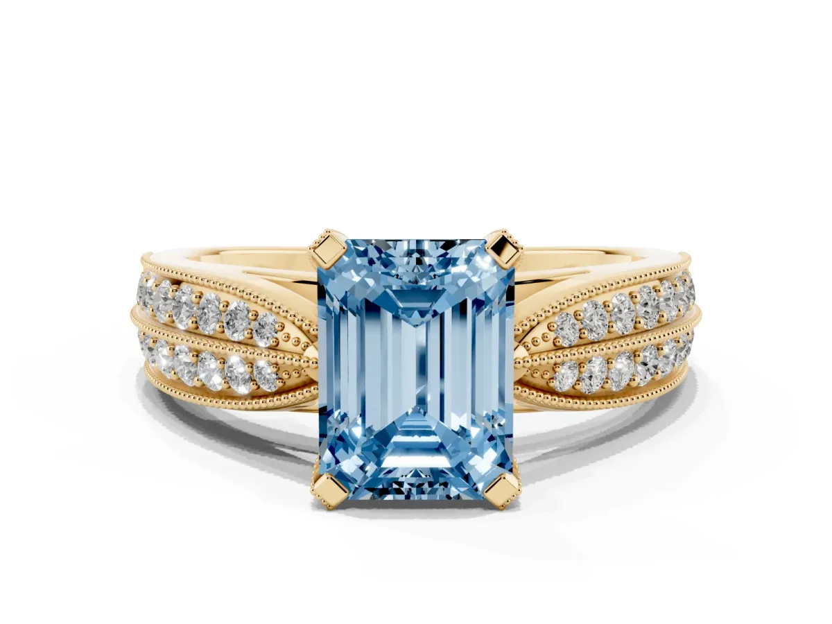 Fancy Blue Emerald Cut Diamond Solitaire Ring with Milgrain Round Pavé Band and Prong Setting Yellow gold