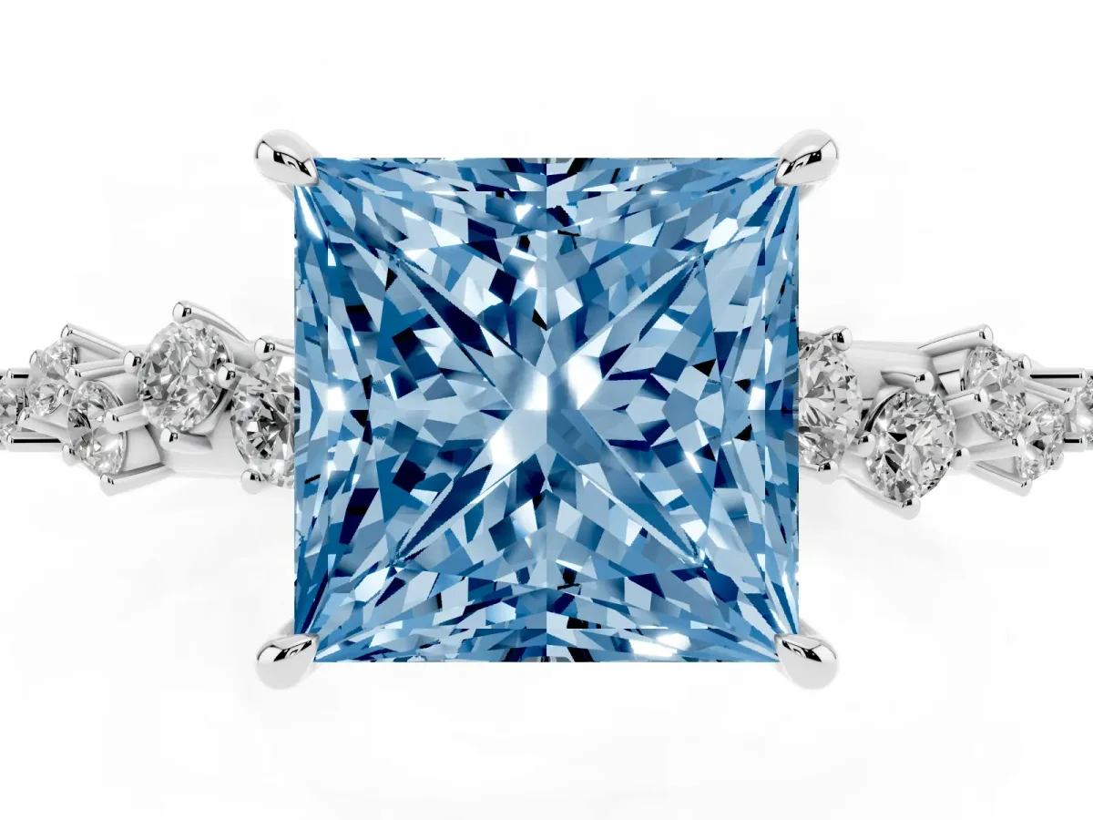 Fancy Blue Princess Cut Diamond Cluster Side Stone Solitaire Ring with Prong Setting Silver