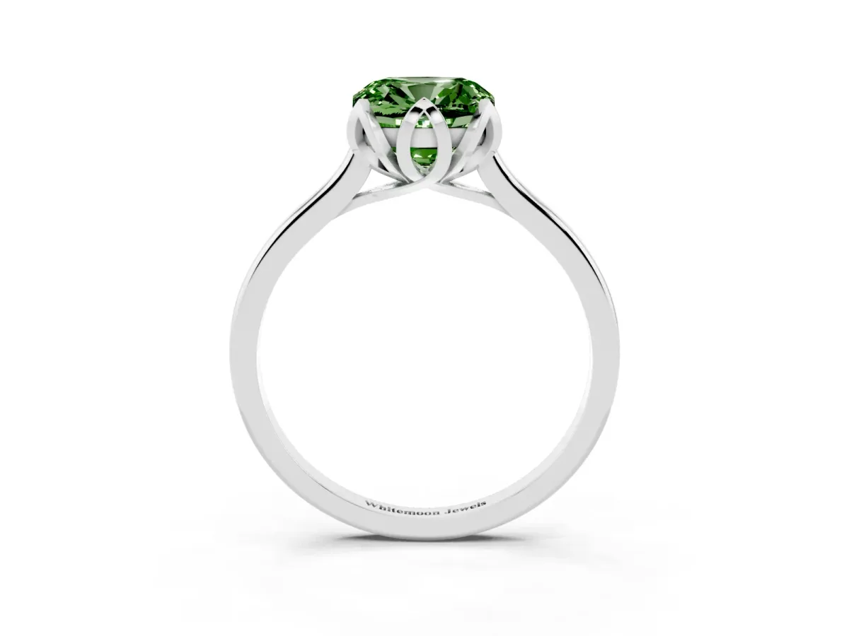 Fancy Green Cushion Cut Diamond Solitaire Ring with Flower Prong Setting and Classic Band Silver