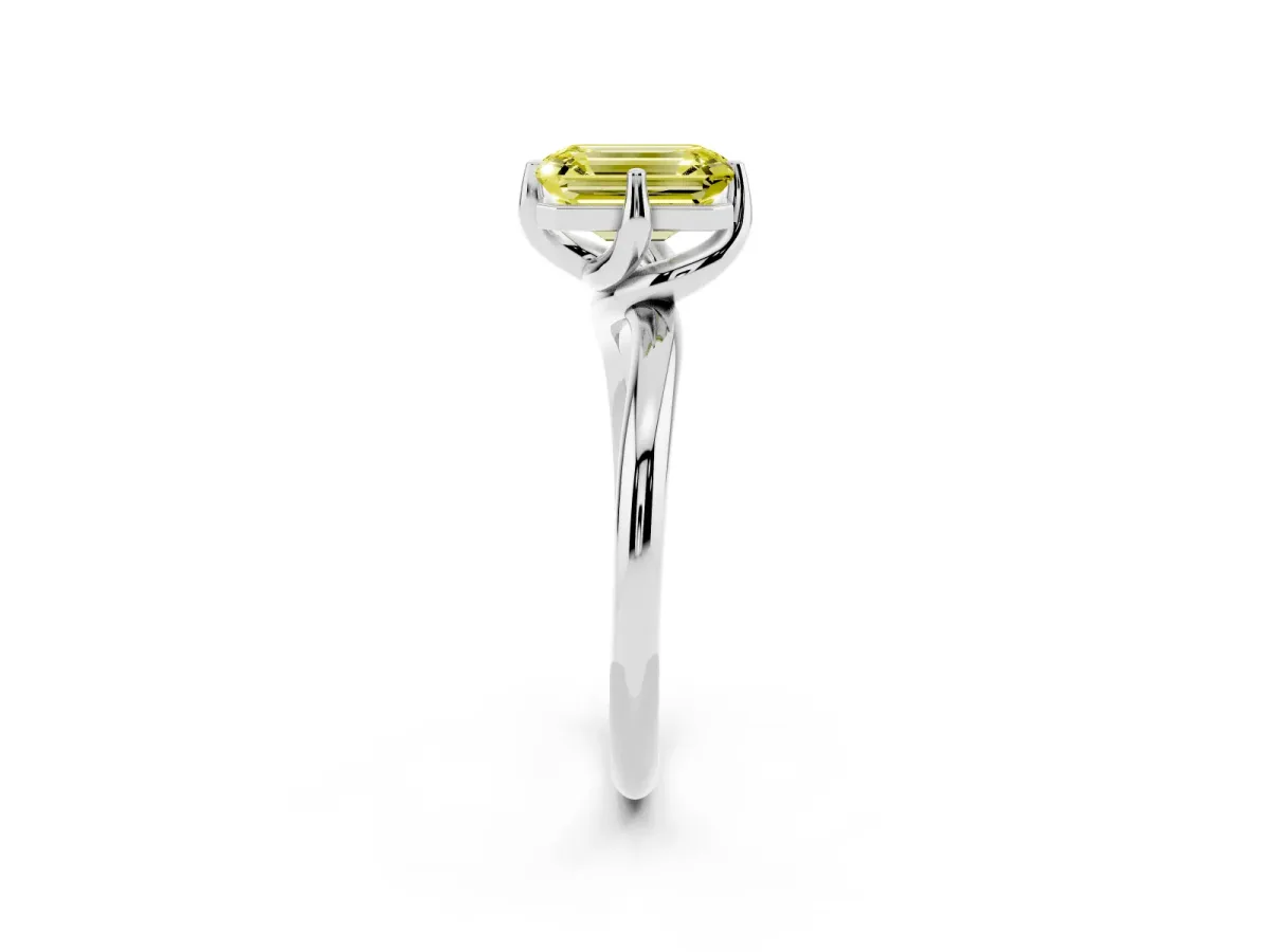 Fancy Yellow Emerald Cut Diamond Solitaire Engagement Ring with Four-Prong Setting and Classic Band Silver