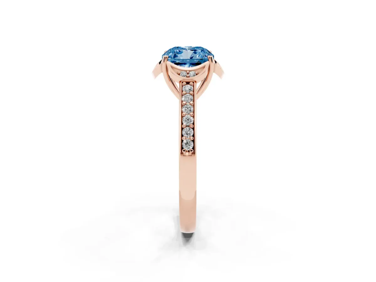 Fancy Blue Cushion Cut Cut Halo Diamond Ring with Channel Set Band and Four-Prong Setting Rose gold