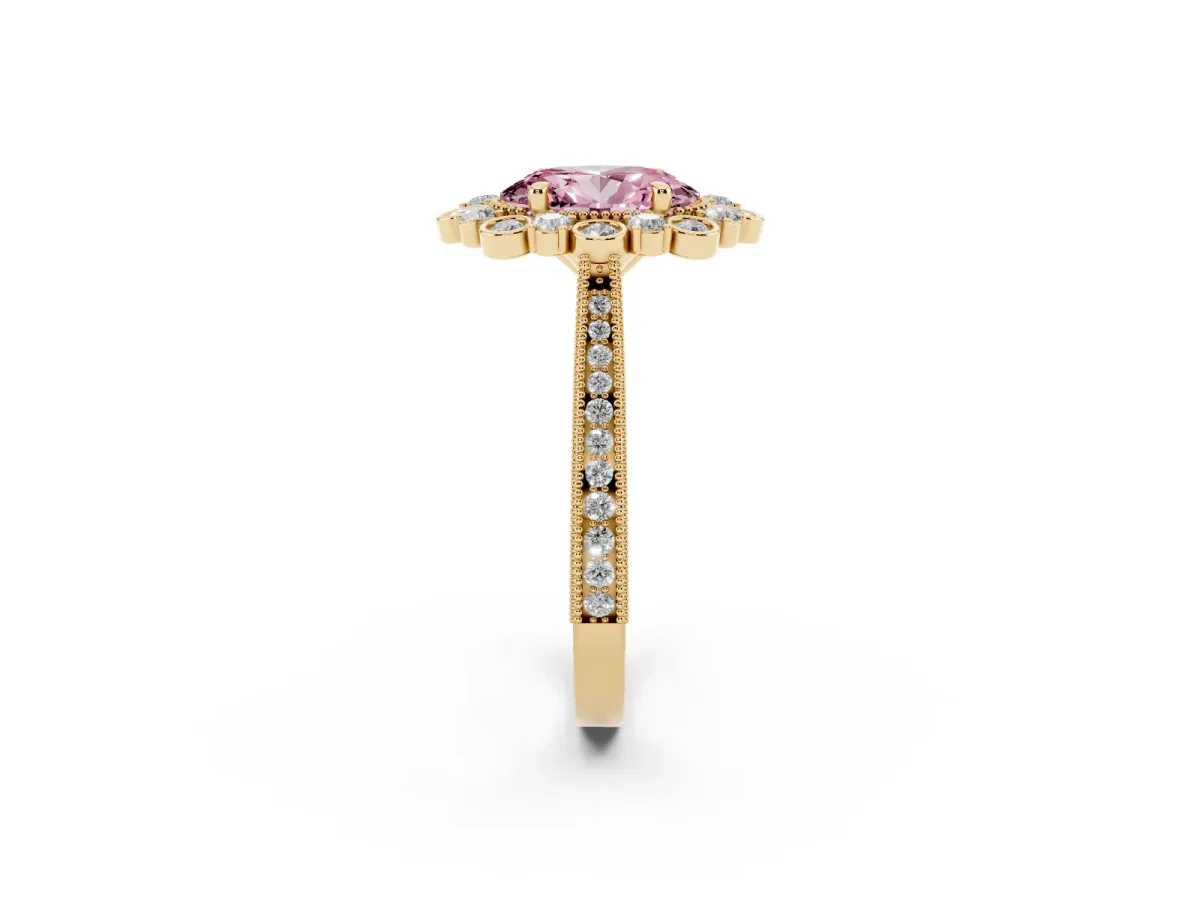 Fancy Pink Oval Cut Halo Milgrain Pave Diamond Ring with Four-Prong Setting Yellow gold