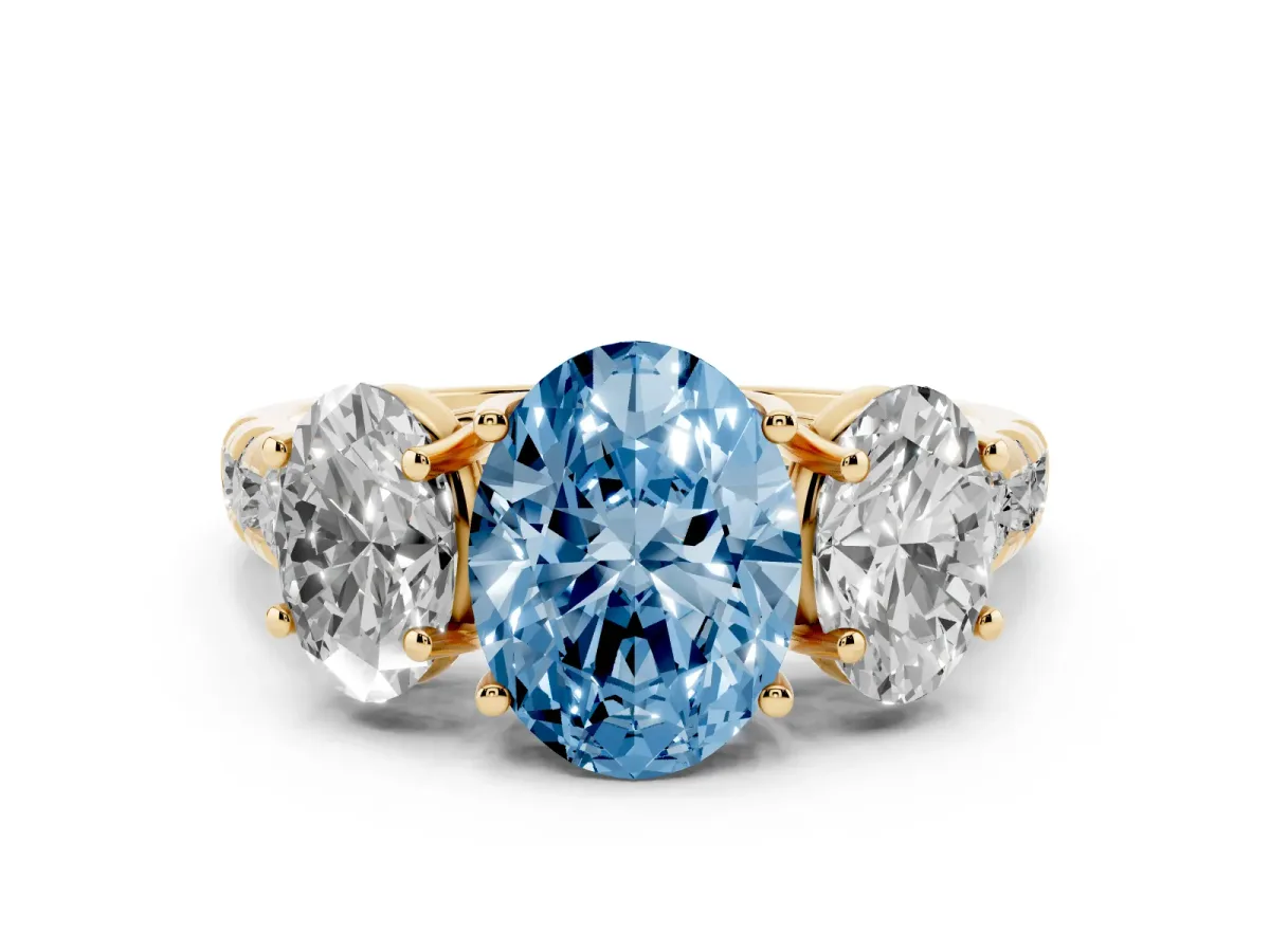 Fancy Blue Three-Stone Oval Cut Diamond Pavé Band with Prong Setting Yellow gold