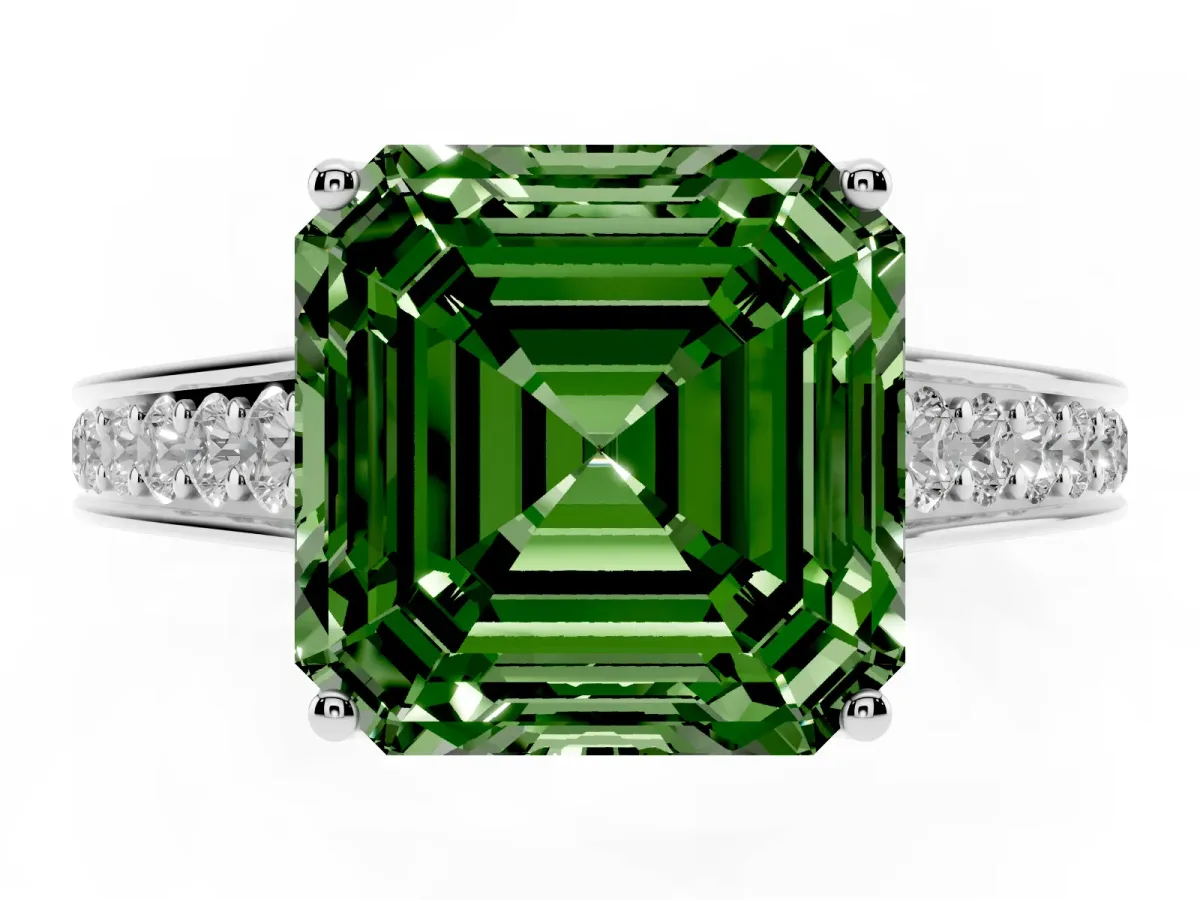 Fancy Green Asscher Cut Brilliant Cut Diamond Engagement Ring with Pavé Band and Four-Prong Setting Platinum