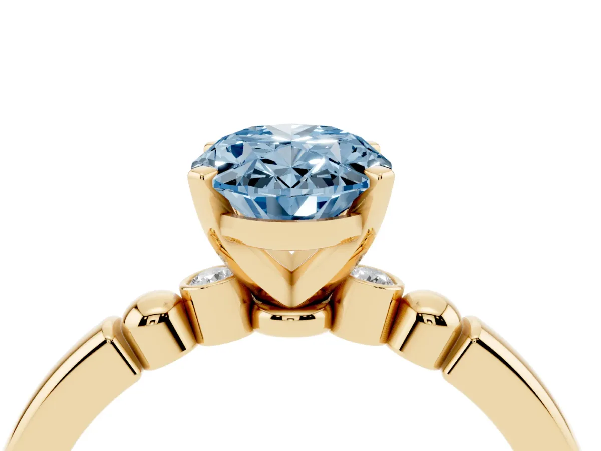 Fancy Blue Oval Cut Solitaire Beaded Band with Four-Prong Setting Yellow gold