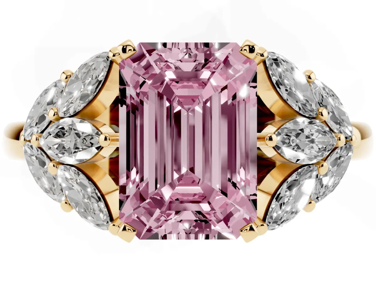 Fancy Pink Emerald Cut Diamond Cluster Leaf Design Ring with Prong Setting Yellow gold