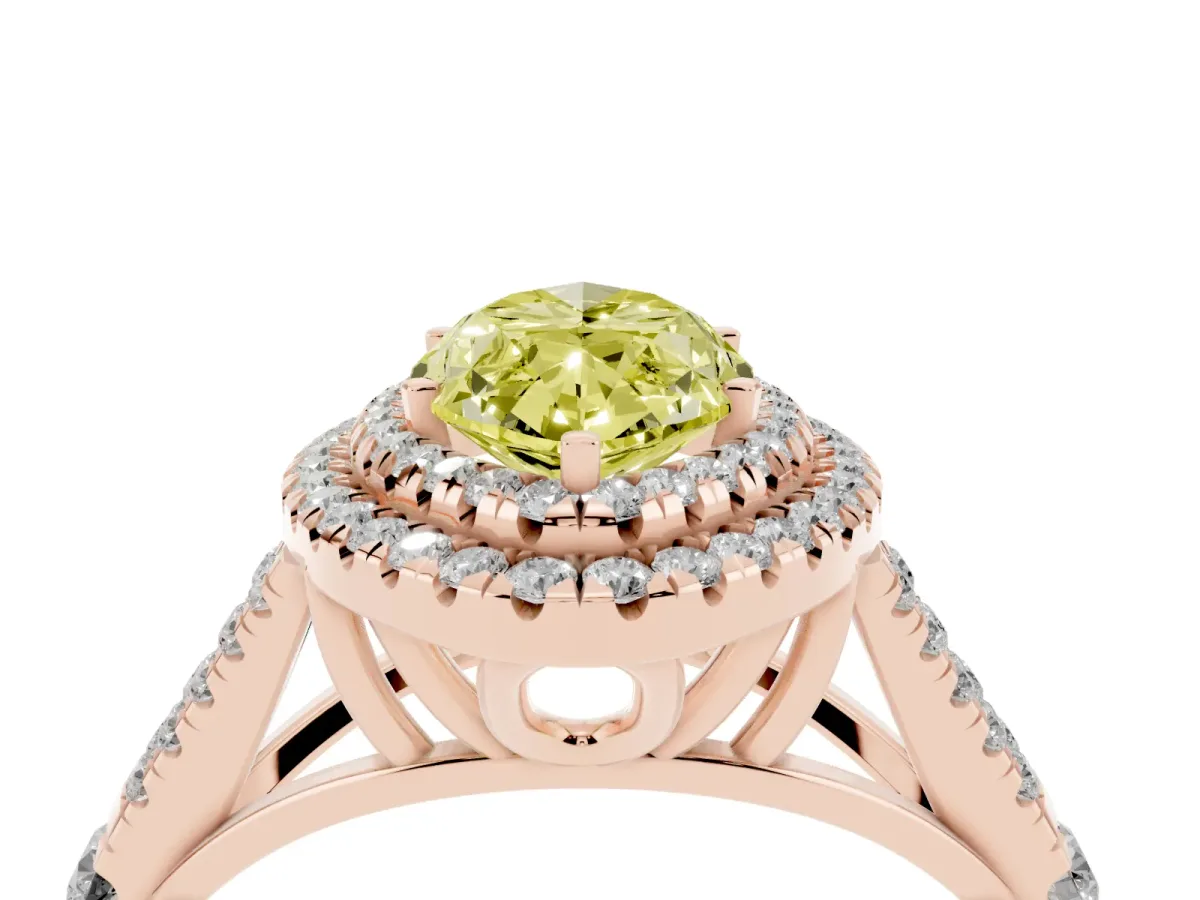 Fancy Yellow Marquise Cut Cut Double Halo Split Shank Diamond Ring with Prong Setting Rose gold