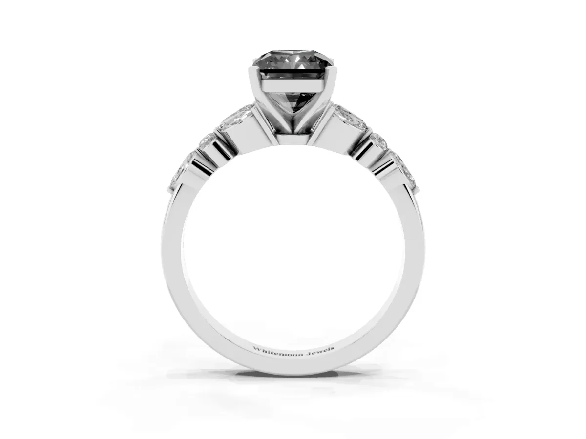 Fancy Black Radiant Cut Diamond Solitaire Ring with Side Stones and Four-Prong Setting Silver