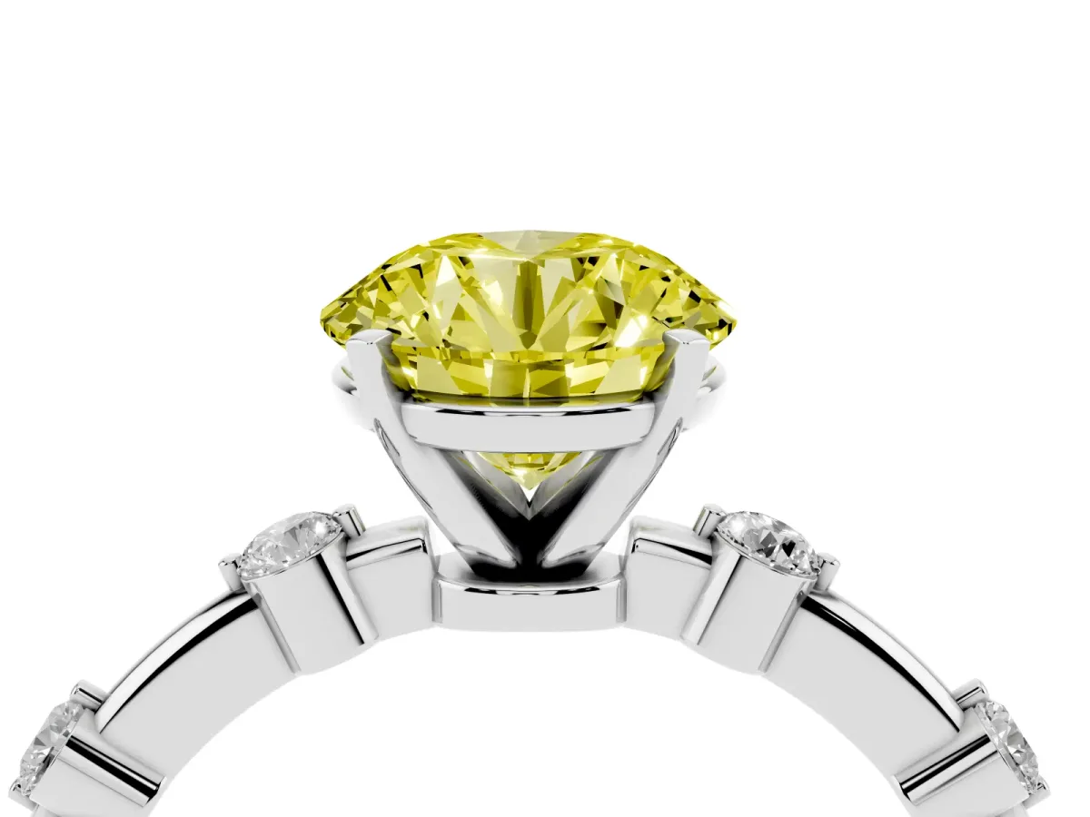 Fancy Yellow Round Cut Solitaire Diamond Ring with Bezel Set Side Stones and Prong Setting Silver
