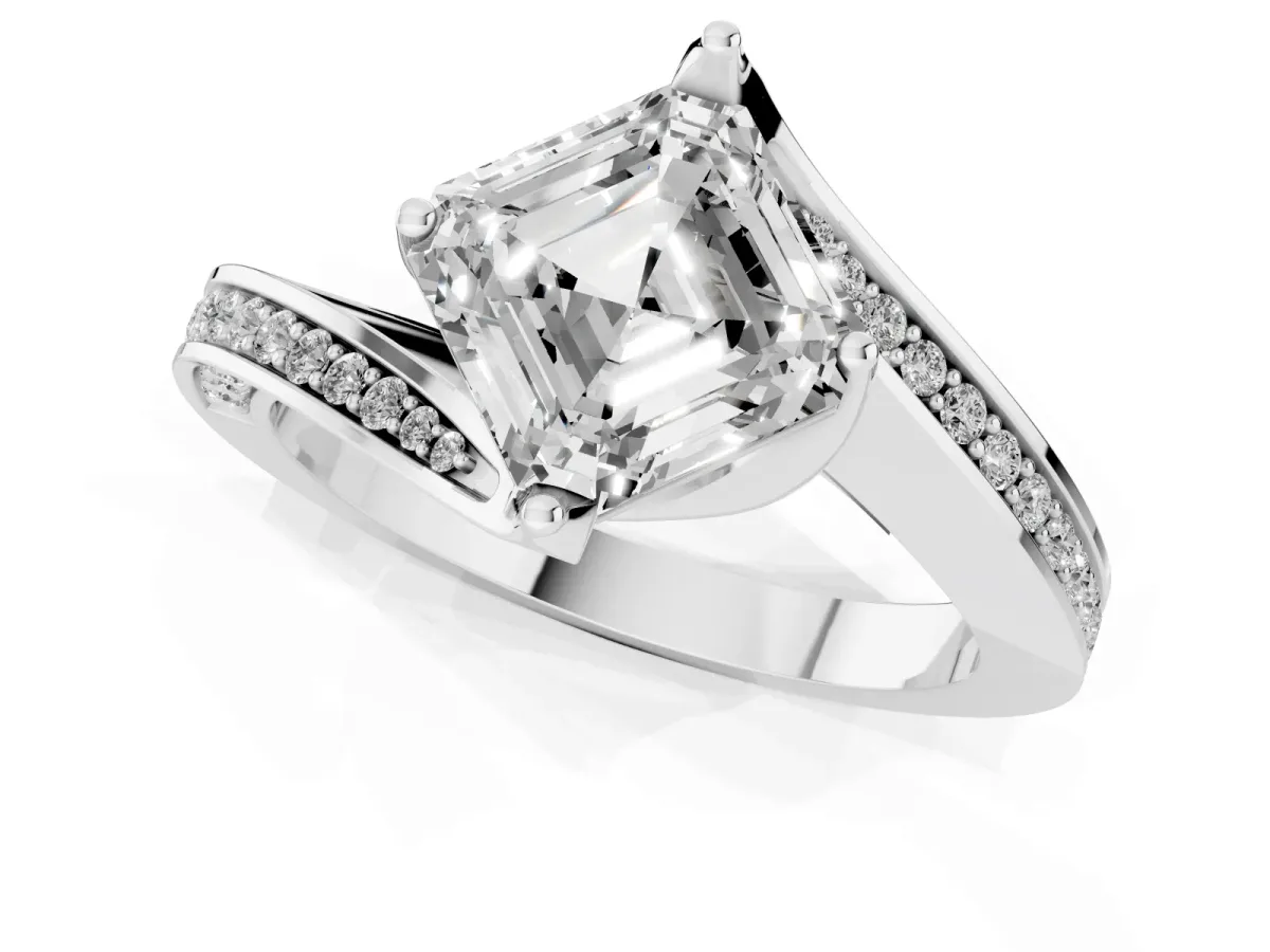 Asscher Cut Solitaire Diamond Twist Band with Pavé Setting and Four-Prong Setting Silver