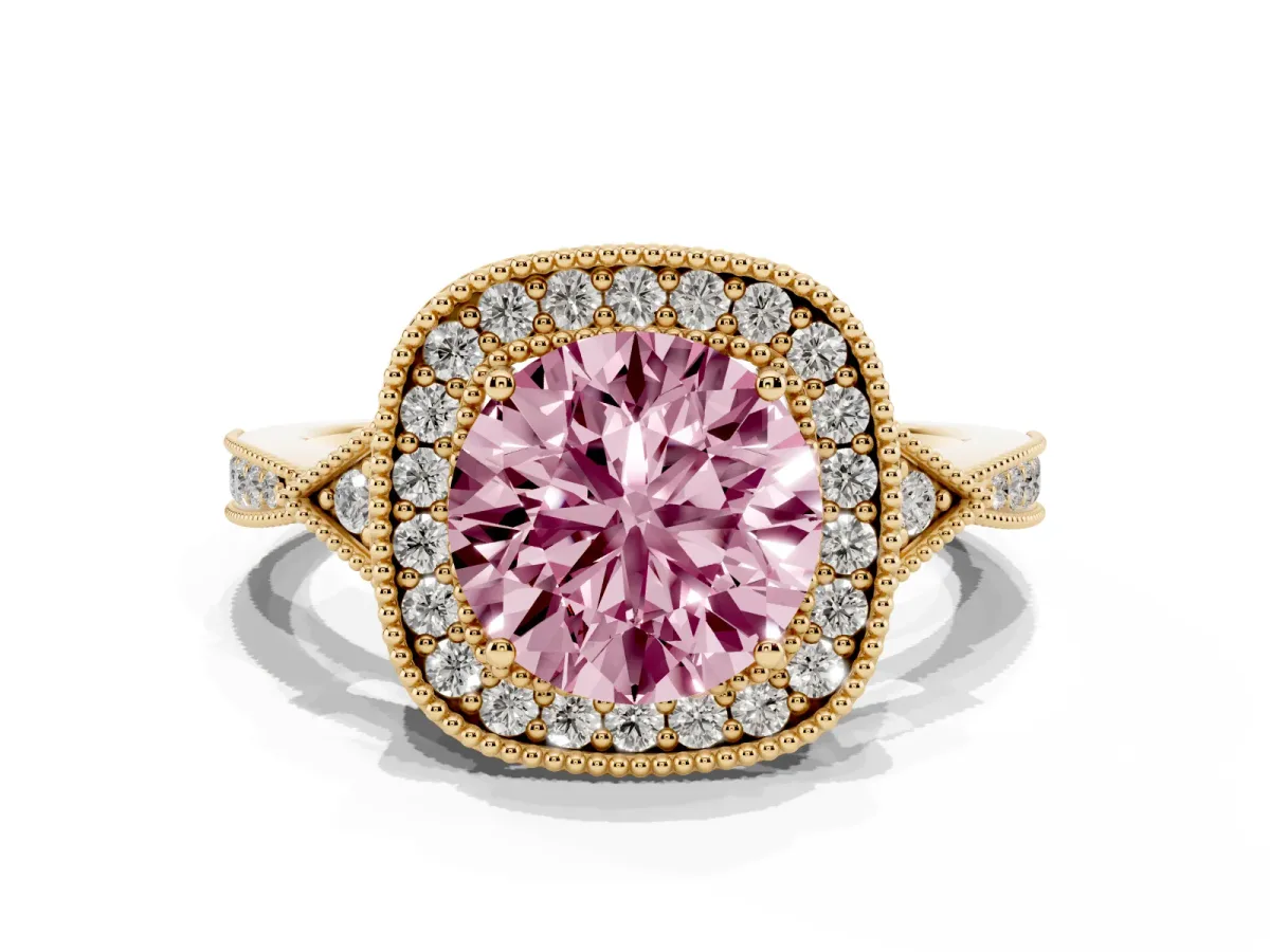 Fancy Pink Round Cut Halo Round Diamond Milgrain Pave Engagement Ring Yellow gold