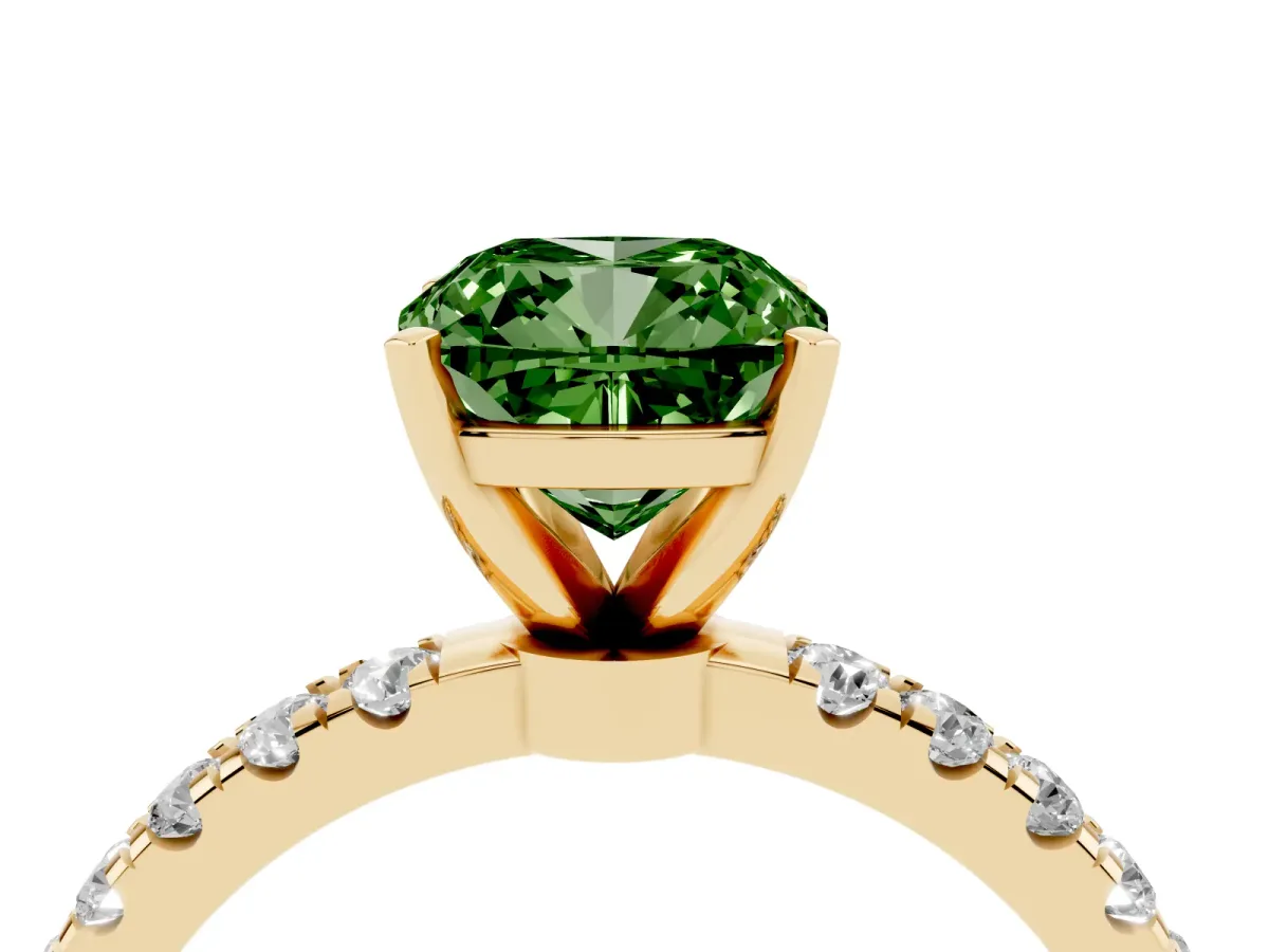 Fancy Green Cushion Cut Diamond Solitaire Ring with Pavé Accents and Four-Prong Setting Yellow gold