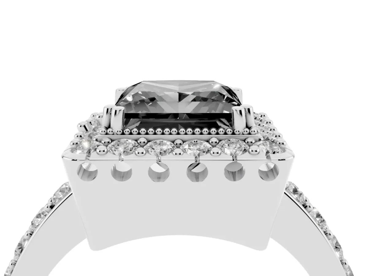 Fancy Black Princess Cut Diamond Halo Ring with Pavé Band and Prong Setting Platinum