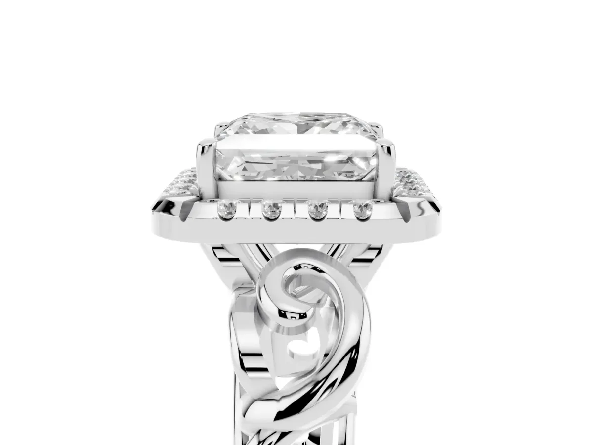 Princess Cut Cut Halo Diamond Ring with Scrollwork Band and Four-Prong Setting Platinum