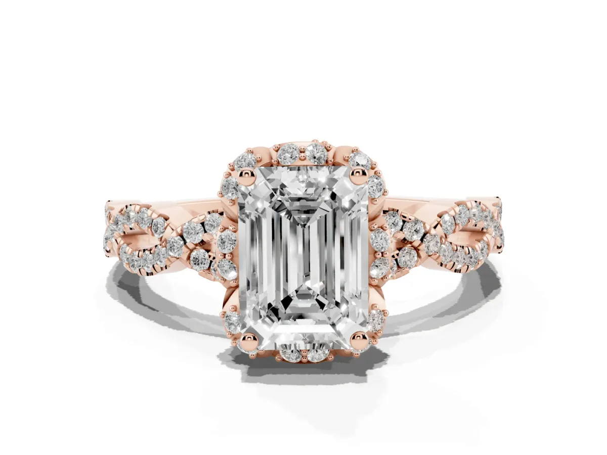 Emerald Cut Halo Twist Band Solitaire Ring with Six-Prong Setting Rose gold