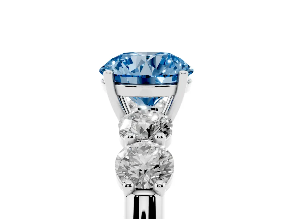 Fancy Blue Round Cut Cut Five-Stone Prong Set Diamond Ring with Classic Band Silver