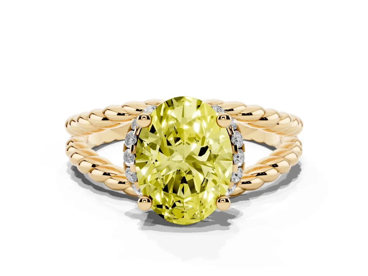 Fancy Yellow Oval Cut Halo Twisted Band Four-Prong Ring Yellow gold