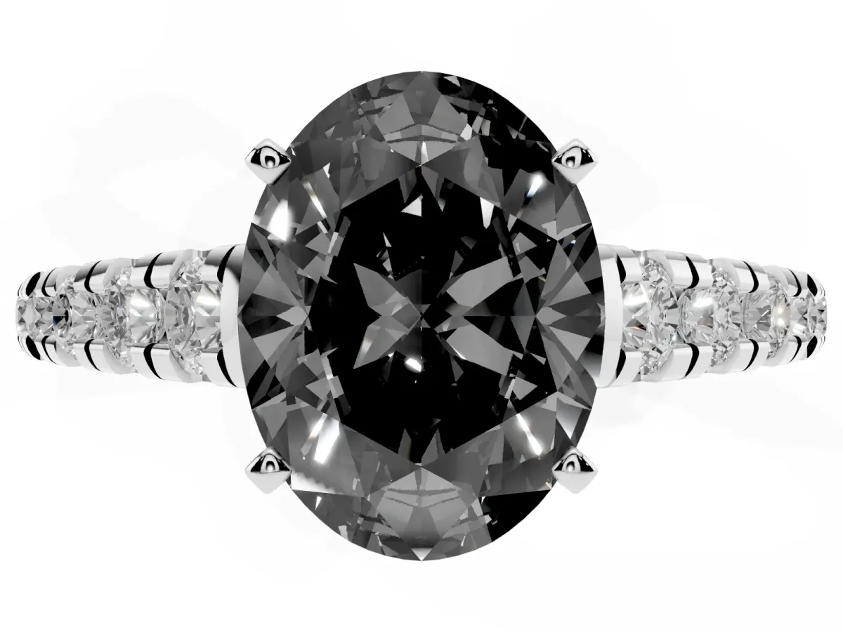 Fancy Black Oval Cut Diamond Cathedral Solitaire Ring with Round Pavé Band Silver