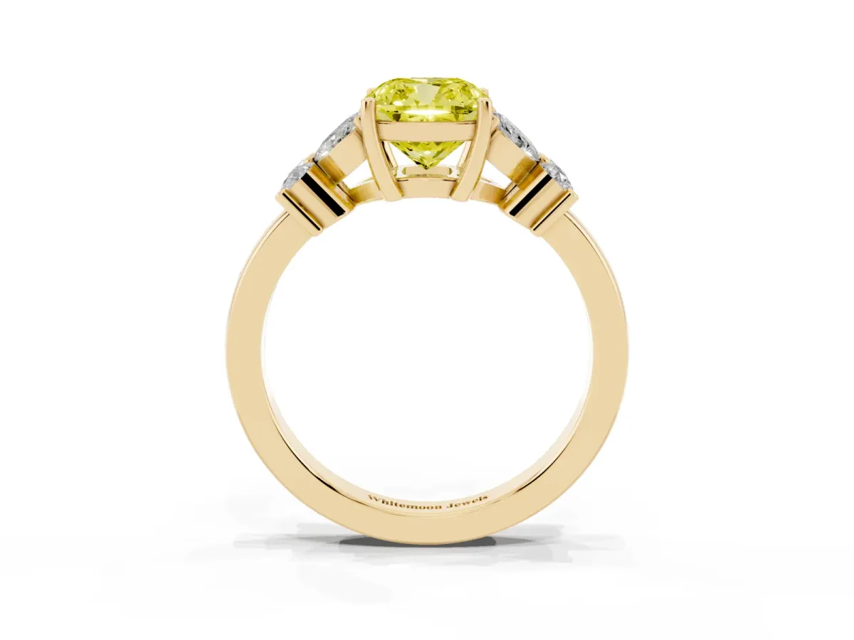 Fancy Yellow Cushion Cut Diamond Floral Cluster Ring with Solitaire Band and Prong Setting Yellow gold