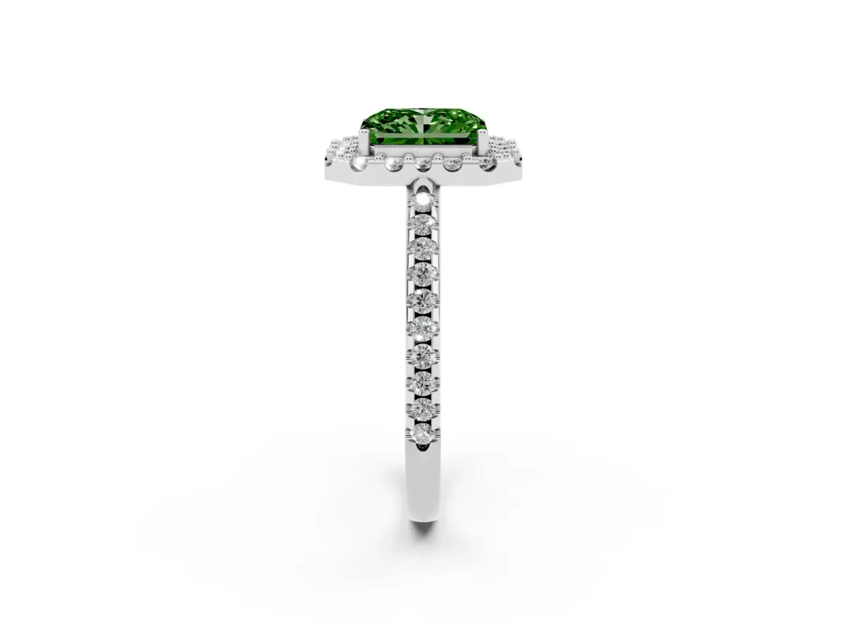 Fancy Green Radiant Cut Diamond Pavé Halo Ring with Four-Prong Setting Silver