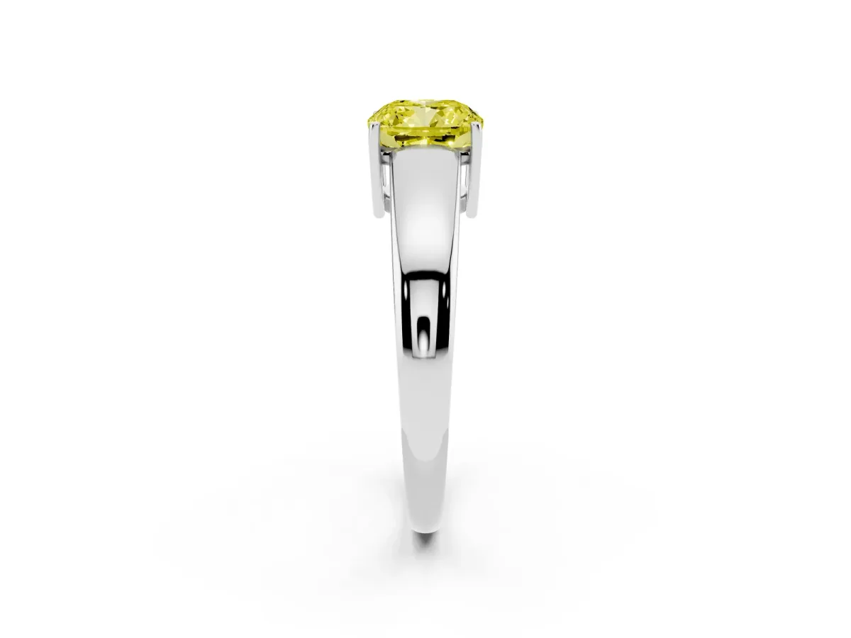 Fancy Yellow Cushion Cut Solitaire Diamond Ring with Tapered Band and Four-Prong Setting Silver