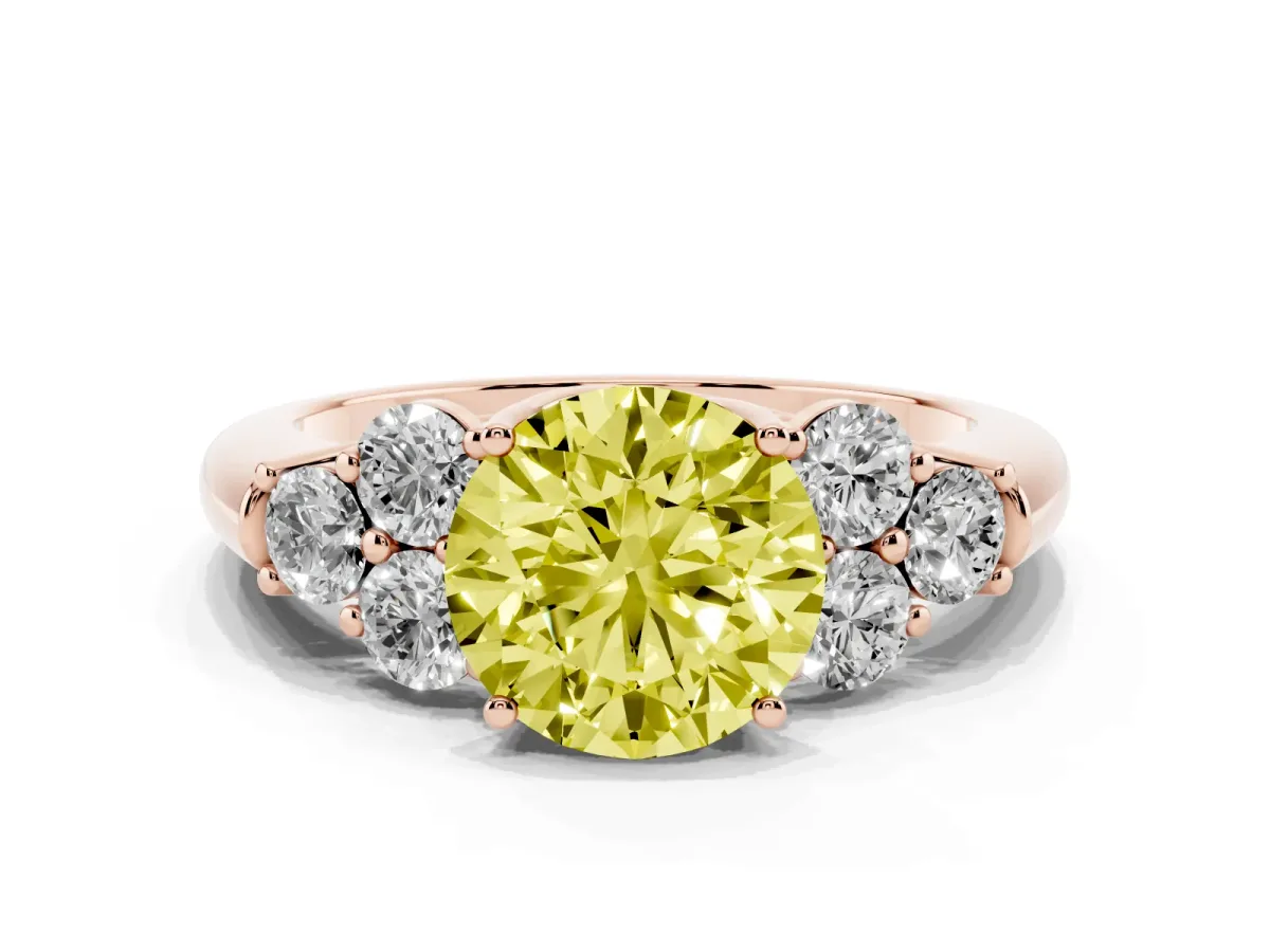Fancy Yellow Round Cut Cut Diamond Cluster Ring with Round Accent Stones and Prong Setting on a Classic Band Rose gold
