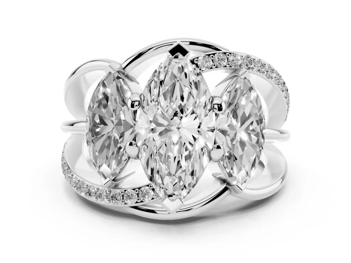 Three-Stone Marquise Cut Cut Diamond Split Shank Prong Set Ring Platinum