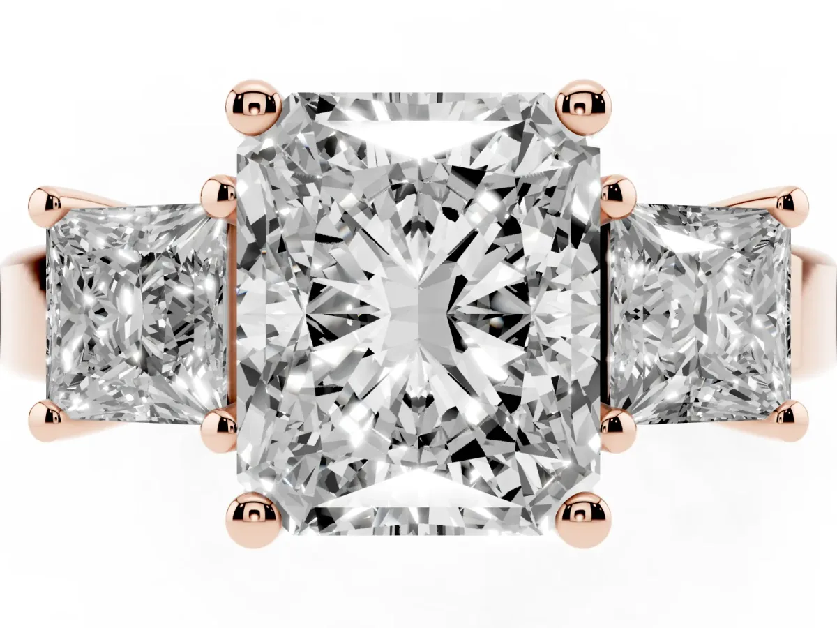 Three-Stone Radiant Cut Cut Solitaire Ring with Prong Setting Rose gold
