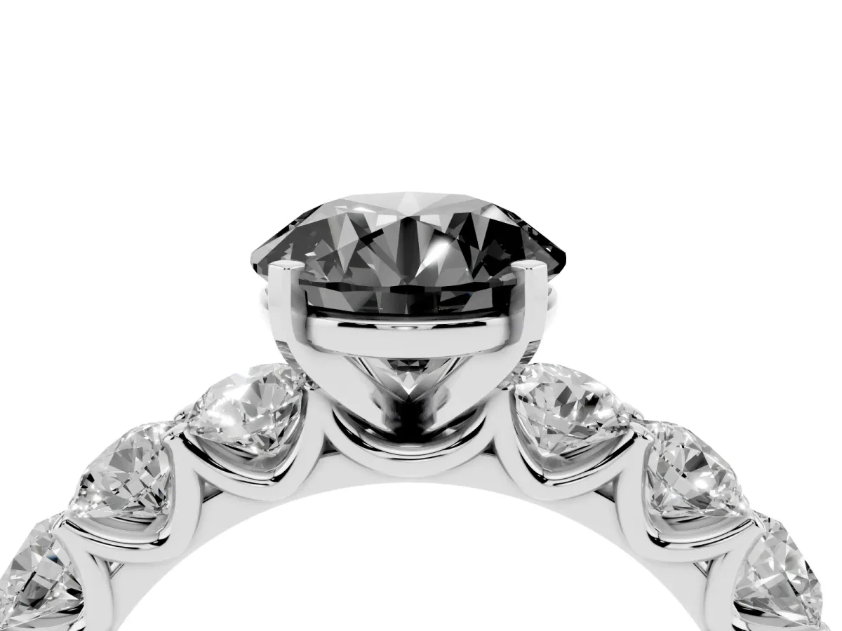 Fancy Black Round Cut Diamond Prong Setting with Side Stones on a Pave Band Silver