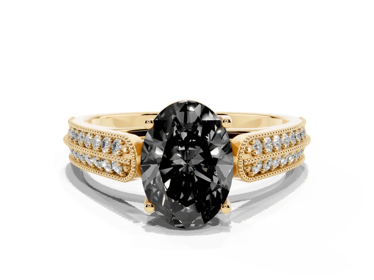 Fancy Black Oval Cut Cut Pave Split Shank Engagement Ring with Four-Prong Setting Yellow gold