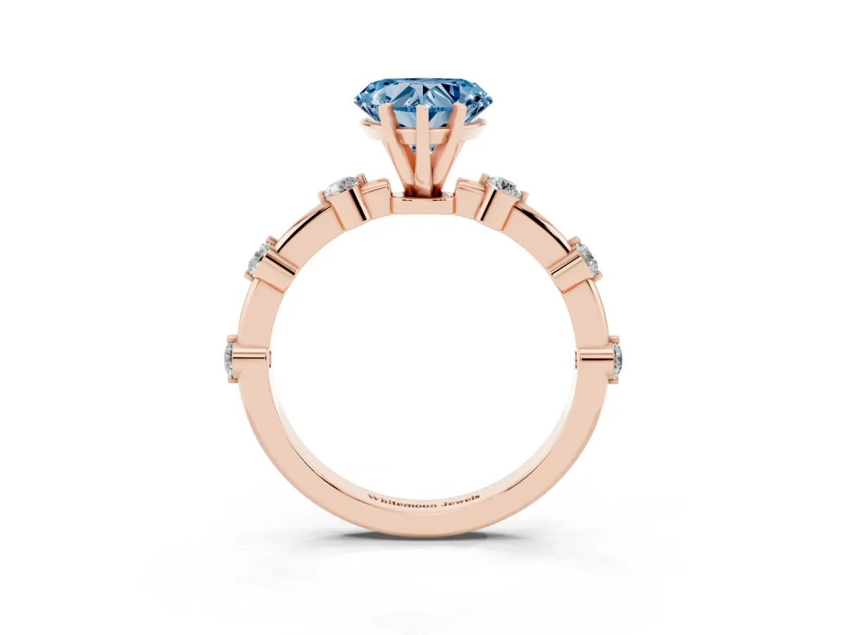 Fancy Blue Heart Cut Solitaire Diamond Ring with Bezel Set Side Stones and Prong Setting Rose gold