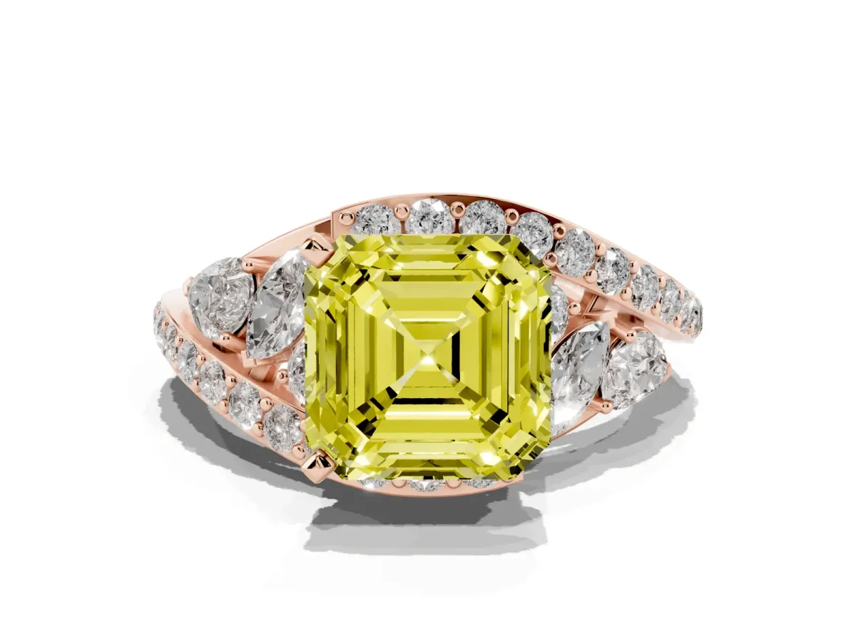 Fancy Yellow Asscher Cut Diamond Halo Ring with Marquise and Pavé Band in Prong Setting Rose gold