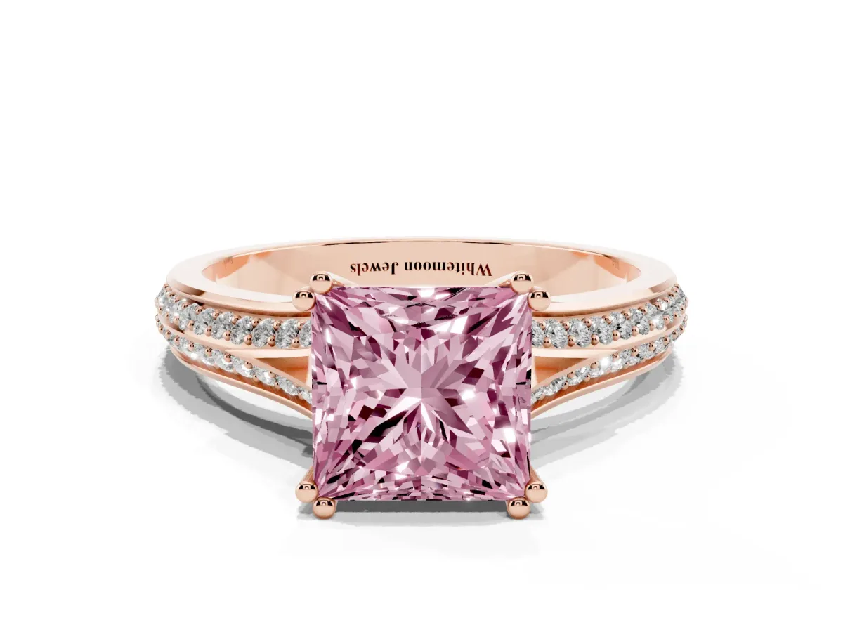 Fancy Pink Princess Cut Diamond Split Shank Engagement Ring with Pavé Band Rose gold